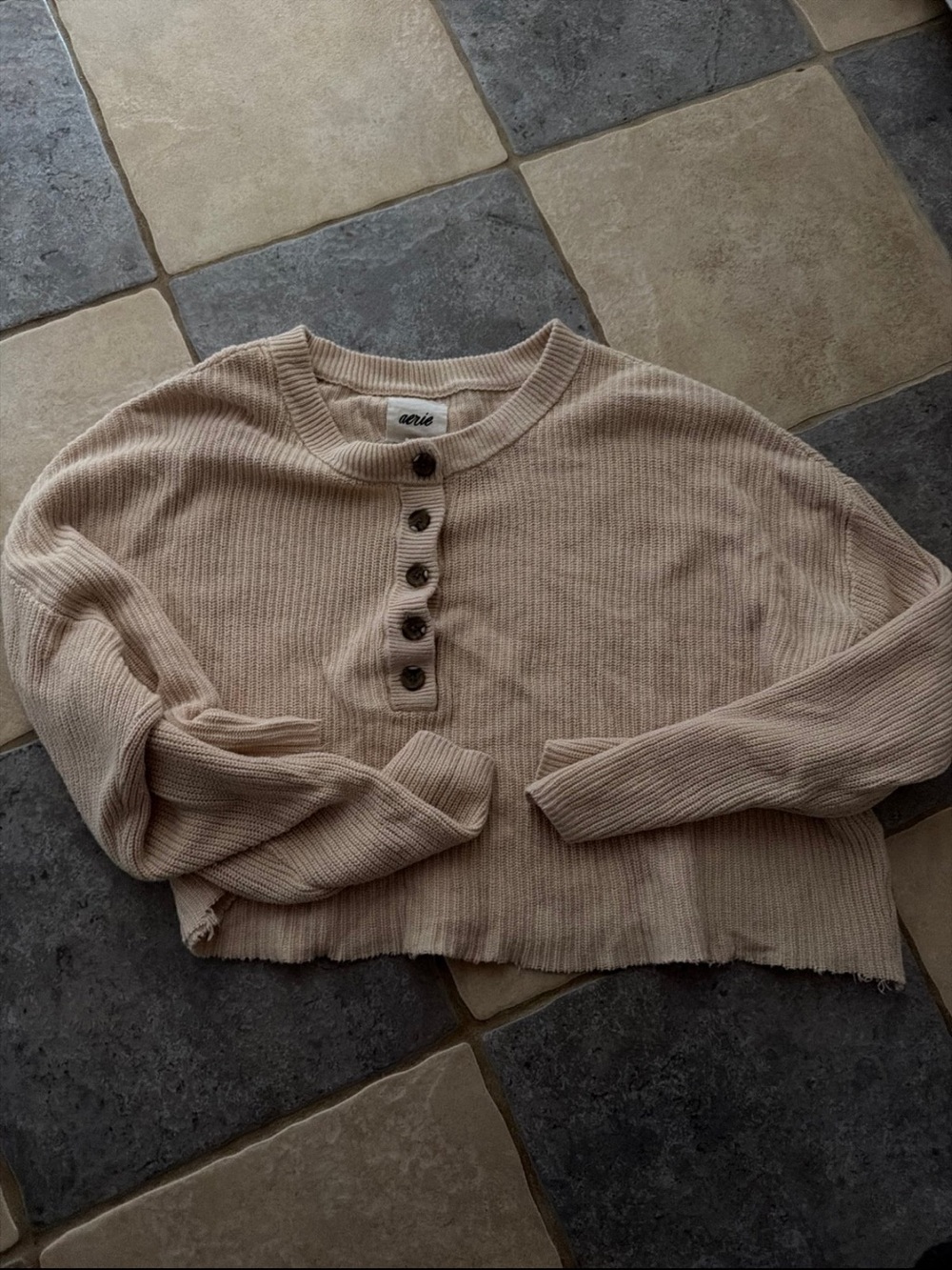 aerie Cropped Ribbed Henley Sweater - Beige